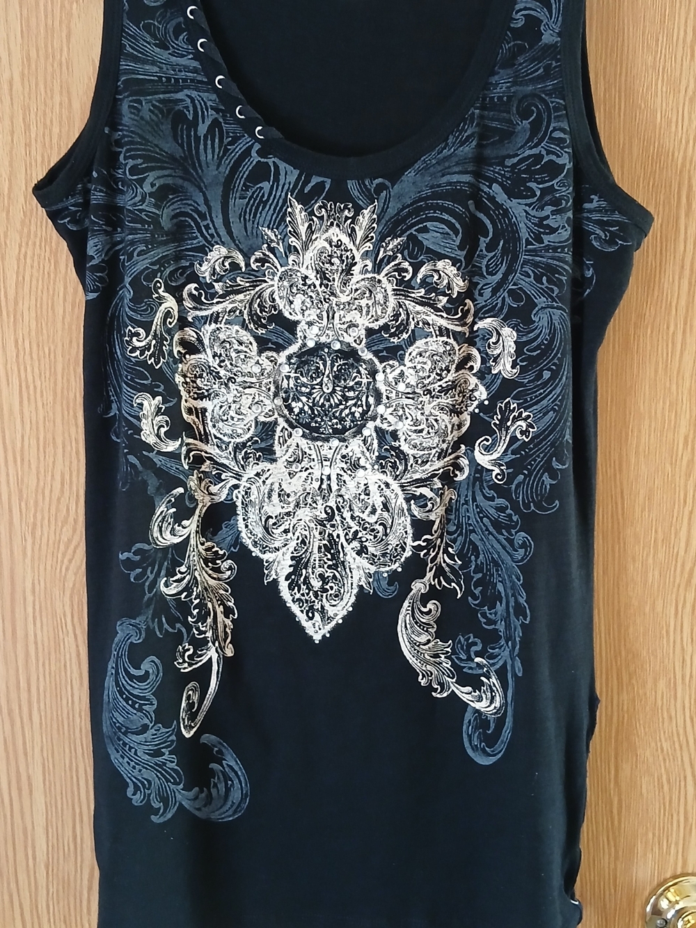 Black Tank Top with Ornate Cream Medallion Graphic